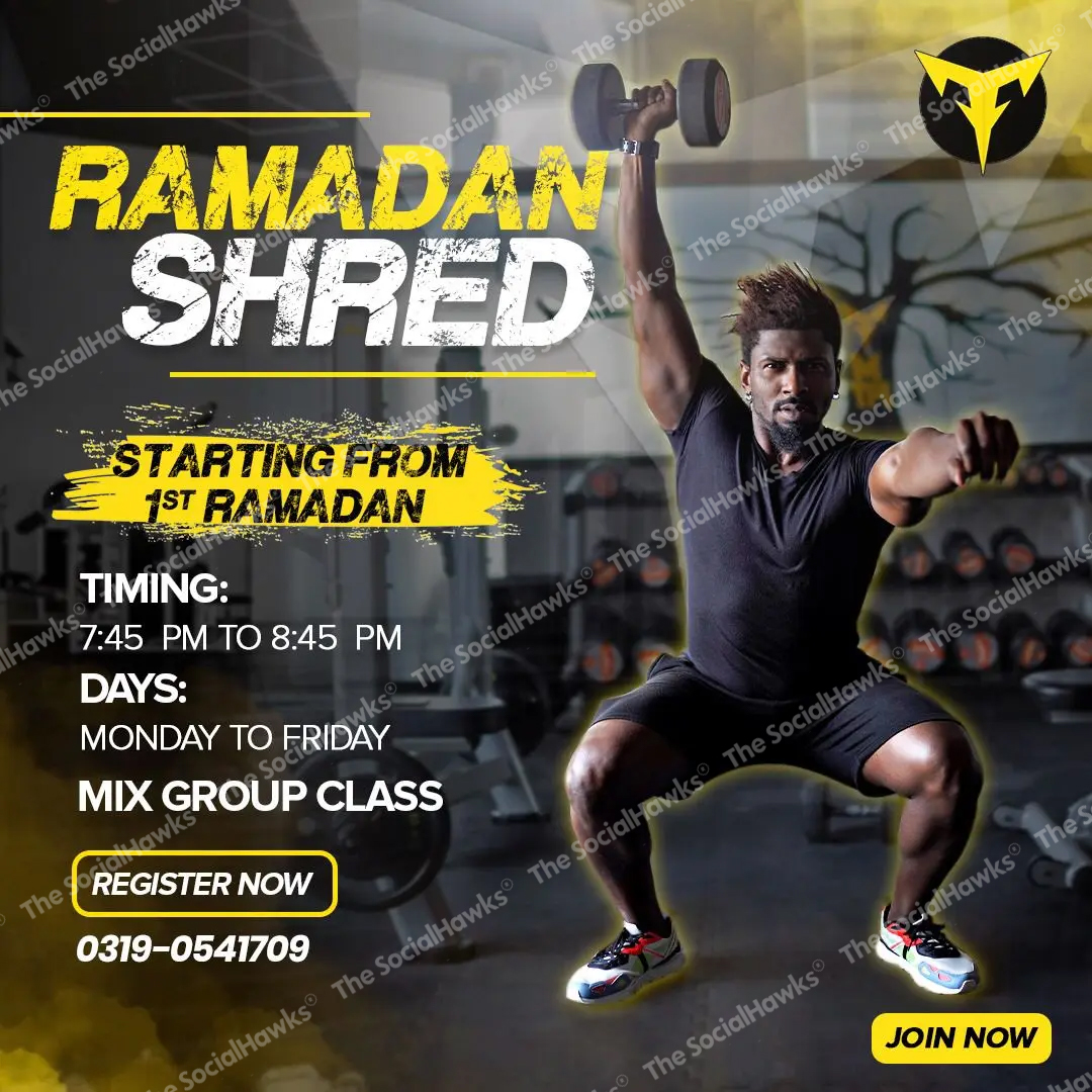 MFit Ramadan Shred group fitness class ad with man exercising with dumbbell